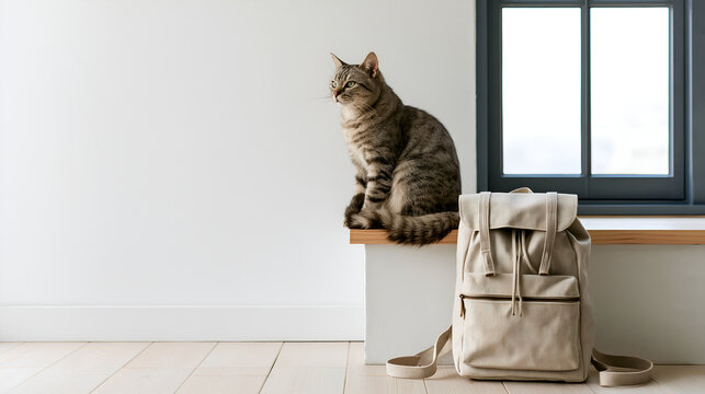 Calm tabby cat on a windowsill beside a packed school backpack