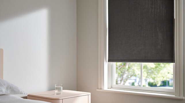 Blackout blind pulled halfway down a bright bedroom window
