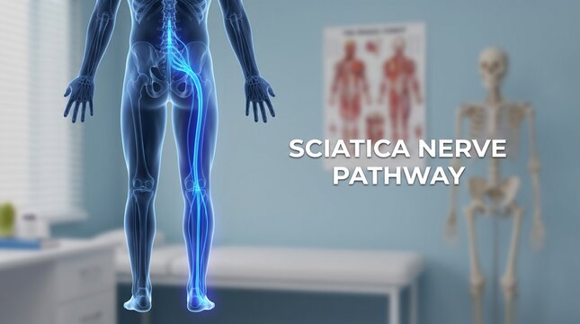 Human body with highlighted sciatica nerve pathway in medical setting with medical room skeleton transparent human highlighted blue informative physiology education skeletal