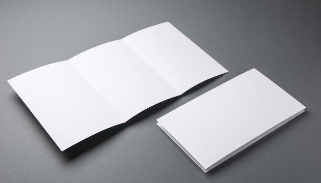 Blank tri-fold brochure and flyer stack on gray background.