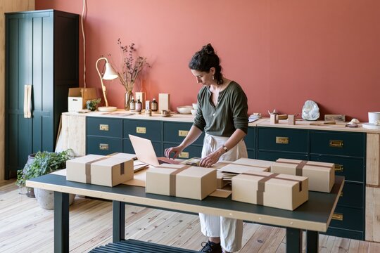 Female online shop owner packing customer orders at home, preparing ecommerce shipments and managing small business fulfillment
