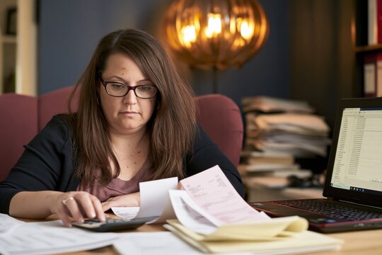 Small business owner reviewing bills and expenses, calculating cash flow and making difficult financial decisions