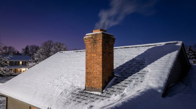 Brick Chimney Smoking on a Snowy Roof at Night.
