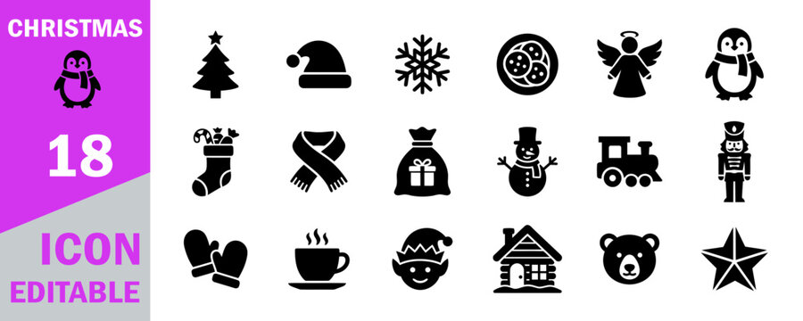A comprehensive christmas icone bundil featuring eighteen black vector illustrations of seasonal holiday elements perfect for festive graphic design project needs