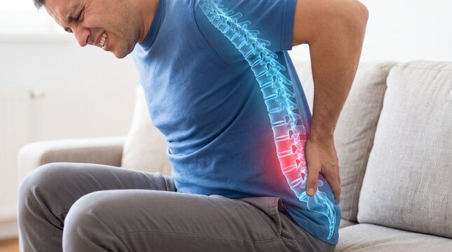 Man experiencing back pain on a couch with highlighted spine with indicating source discomfort sitting couch clutching clutching his lower red glow indicating musculoskeletal
