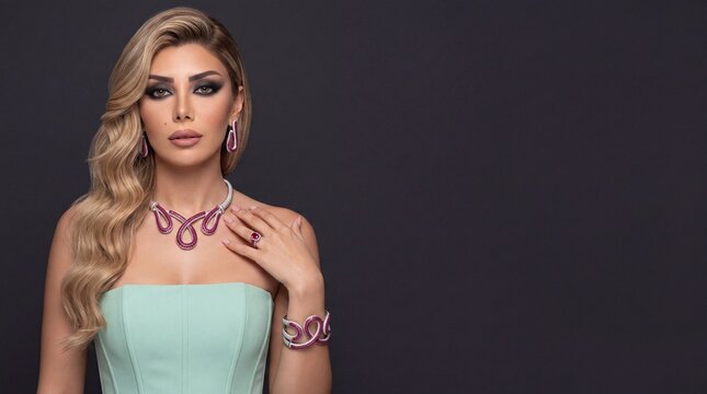Stunning woman wearing luxury ruby red infinity swirl jewelry set in mint green dress, fashion model portrait with dark copy space