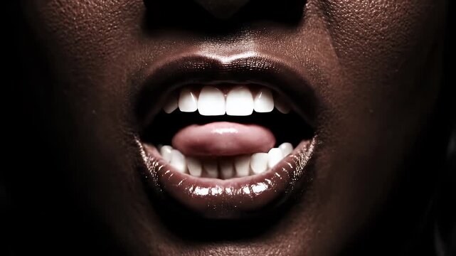 Close up of a woman's dark skin lips with gloss, tongue showing, studio lighting