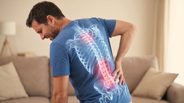 Man with back pain holding his lower back with spine overlay with discomfort transparent spine ribcage overlay man clutching suffering vertebrae vertebral skeleton backache