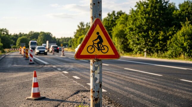 Bicycle warning sign on a road construction site.