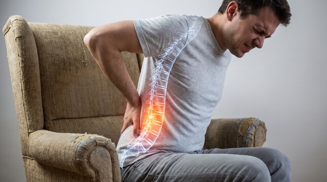 Man experiencing back pain sitting on worn chair with highlighted spine with armchair anatomical spine clutching his lower pain while seated discomfort suffering furniture