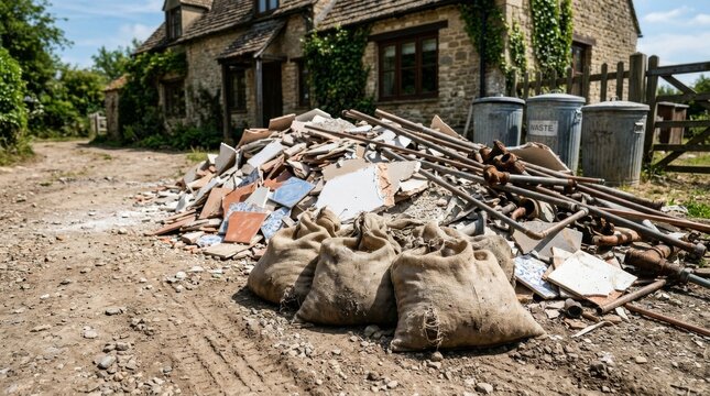 Illegal Fly Tipping Dumping Site in Front of a Country Cottage.