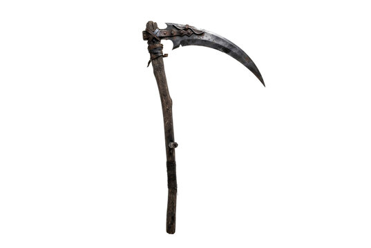 Rustic medieval scythe weapon with weathered wooden handle, leather wraps, carved rune symbols, and curved metallic blade.