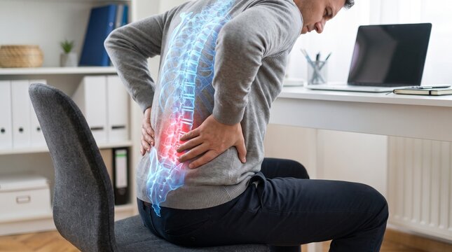 Man experiencing back pain while sitting at office desk with highlighted spine with clutching his lower back discomfort spine overlay indicating suffering workplace computer