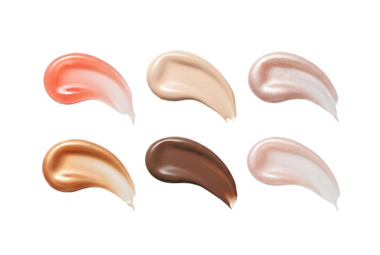 Six swatches of cosmetic liquid foundations, cream highlighters, and makeup primers showcasing various skin tone shades and textures.