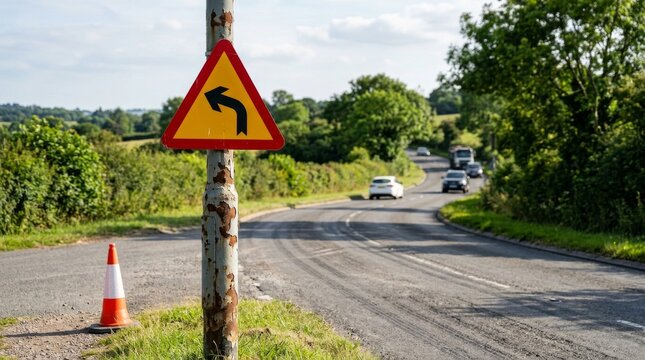Road warning sign indicating a sharp left curve ahead on a rural road.