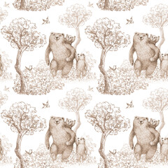 Seamless children's pattern featuring a family of bears in the forest. Hand drawn pencil illustration for packaging, wrapping paper, wallpaper and textiles. © andrey