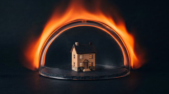 Miniature house protected under a glass dome surrounded by fire, symbolizing home insurance and protection