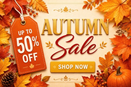 Autumn sale promo banner with up to 50% off badge, fall leaves background, seasonal discount advertising header