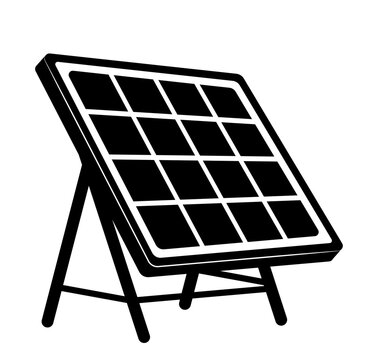 Standalone solar panel mounted on supportive stand black vector icon, isolated on clean white background. Minimalist graphic illustration representing renewable energy, photovoltaic systems, green pow