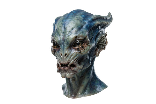 Close up 3D render portrait of a blue extraterrestrial alien creature head with horns big dark eyes and detailed skin texture
