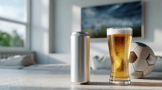 Blank Beer Can Mockup with Glass and Soccer Ball for Football Viewing