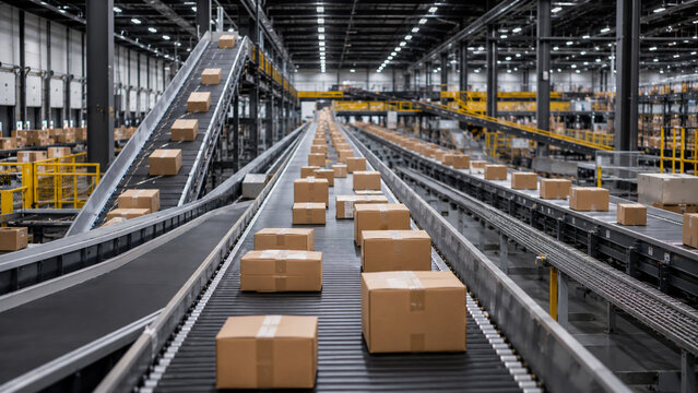 Automated warehouse conveyor system sorting cardboard packages at modern logistics fulfillment center