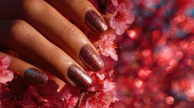 Sparkling Red Nail Polish Manicure with Pink Flowers and Festive Bokeh