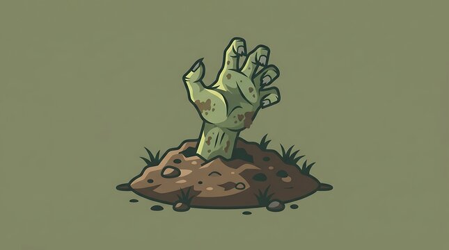 Zombie hand rising from the grave, undead monster reaching out of the dirt ground.