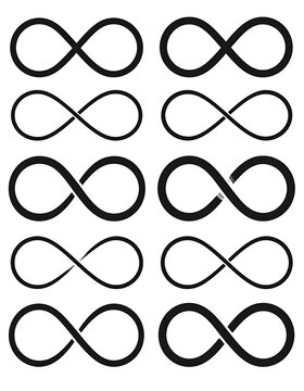 Collection of infinity symbols in various styles and thicknesses, representing eternity and limitless possibilities