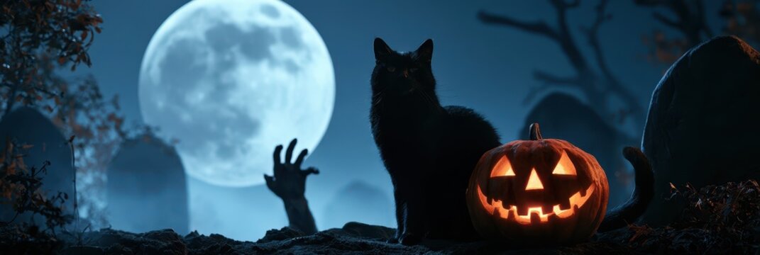 Black Cat with Glowing Halloween Pumpkin Under Full Moon in Spooky Cemetery