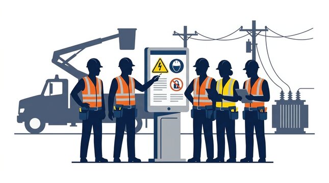 A team of workers gathers around a safety sign to discuss high voltage precautions and lockout tagout processes at a power facility