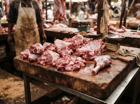Fresh raw meat cuts including lamb shanks and ribs displayed on a wooden butcher block table in a traditional open-air market stall.