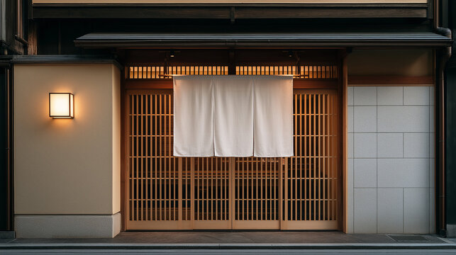 Traditional Japanese Restaurant Entrance with Noren Curtain and Wooden Facade