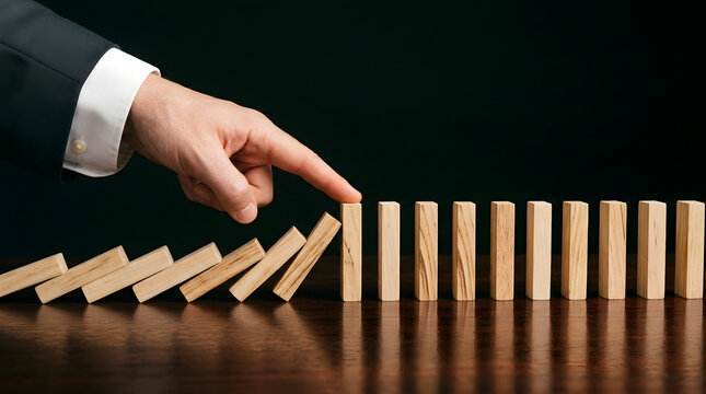 Hand stopping falling wooden dominoes on a table