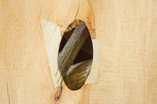 part of a brown wooden wall from old plywood with a crack and a gray oval hole