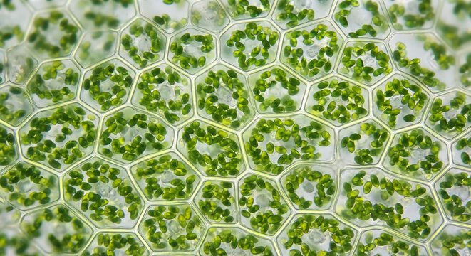 Microscopic view of plant cells with hexagonal walls containing numerous green chloroplasts.