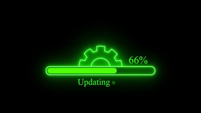 System updating bar animation on black background with 100%. Upgrade System Sign, Update Process Completed, Refresh Button, Operating system upgrade concept, software updating and process 4k