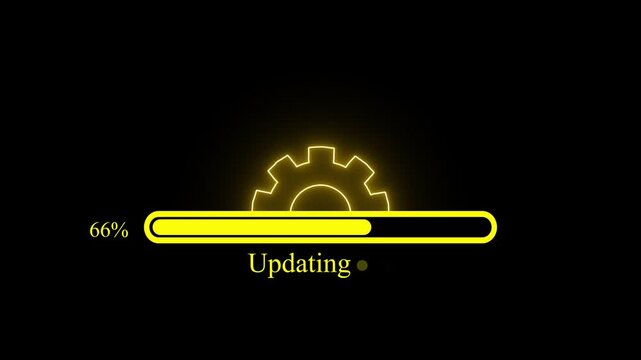 Updating bar with gear icon animation. Digital progress bar monitors operating system update status. Update process with spinning settings gear 4k vidio