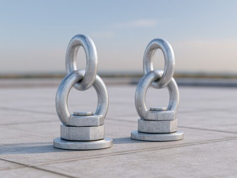 Isolated Pair of Metal Rooftop Safety Rings on White Surface with Clear Background,3d rendering