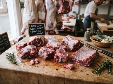 Raw goat meat cuts including ribs and chunks arranged on a rustic wooden butcher block with fresh herbs and a chalkboard sign, with a blurred butcher working in the background of a shop.