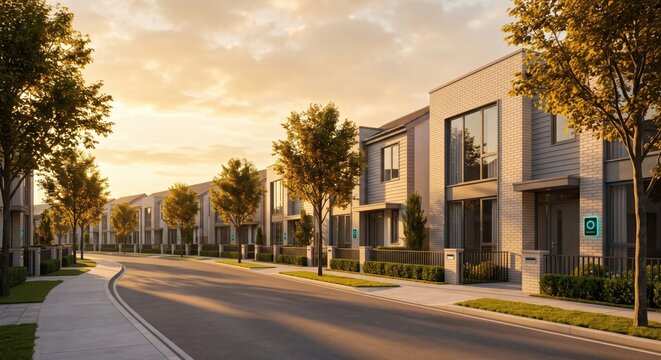 Modern suburban townhouse neighborhood street at golden hour sunset for real estate investment