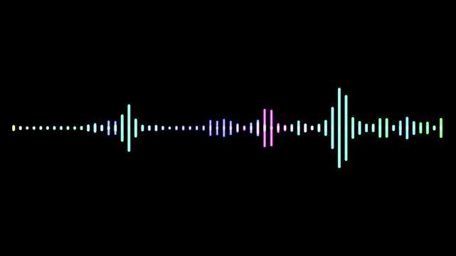 Sound waveform spectrum animation on black background. White sound waves meter- Lines audio wave visualisation. Audio waves rhythm isolated on dark background. Music waves oscillation modern.   Sound 