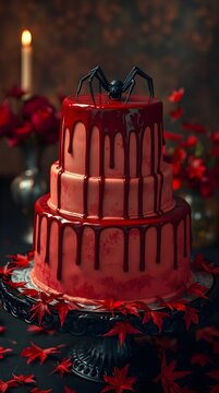Gothic Halloween Cake with Black Spider and Red Drip Icing