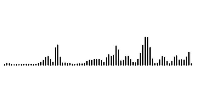 Sound waveform spectrum animation on black background. White sound waves meter- Lines audio wave visualisation. Audio waves rhythm isolated on dark background. Music waves oscillation modern.   