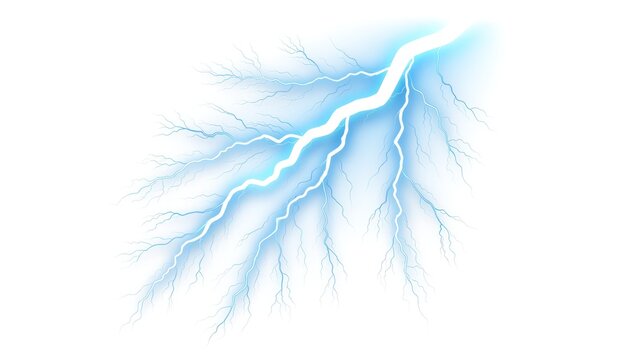 Vibrant electric blue lightning strike against white.