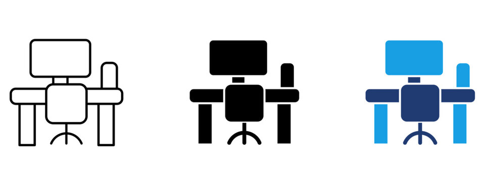 Workplace desk icon with computer monitor and office chair. Symbol of workspace setup, remote work, office interior, desk environment, workstation, job, study place and ergonomics.