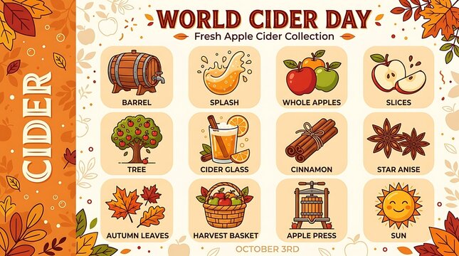 Vector set of autumn apple cider icons including wooden barrel glass splash cinnamon harvest basket press tree and fall leaves for seasonal design