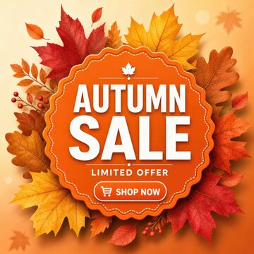 Autumn sale text on orange badge, fall leaves background in red and yellow, seasonal promo banner design for retail marketing