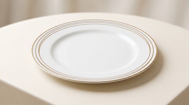 Elegant white porcelain dinner plate with fine triple gold pinstripe border detail resting on neutral cream fabric background in studio lighting setting.