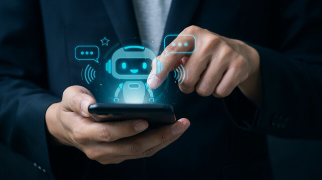 Person interacting with chatbot icon on smartphone screen with glowing interface and speech bubbles